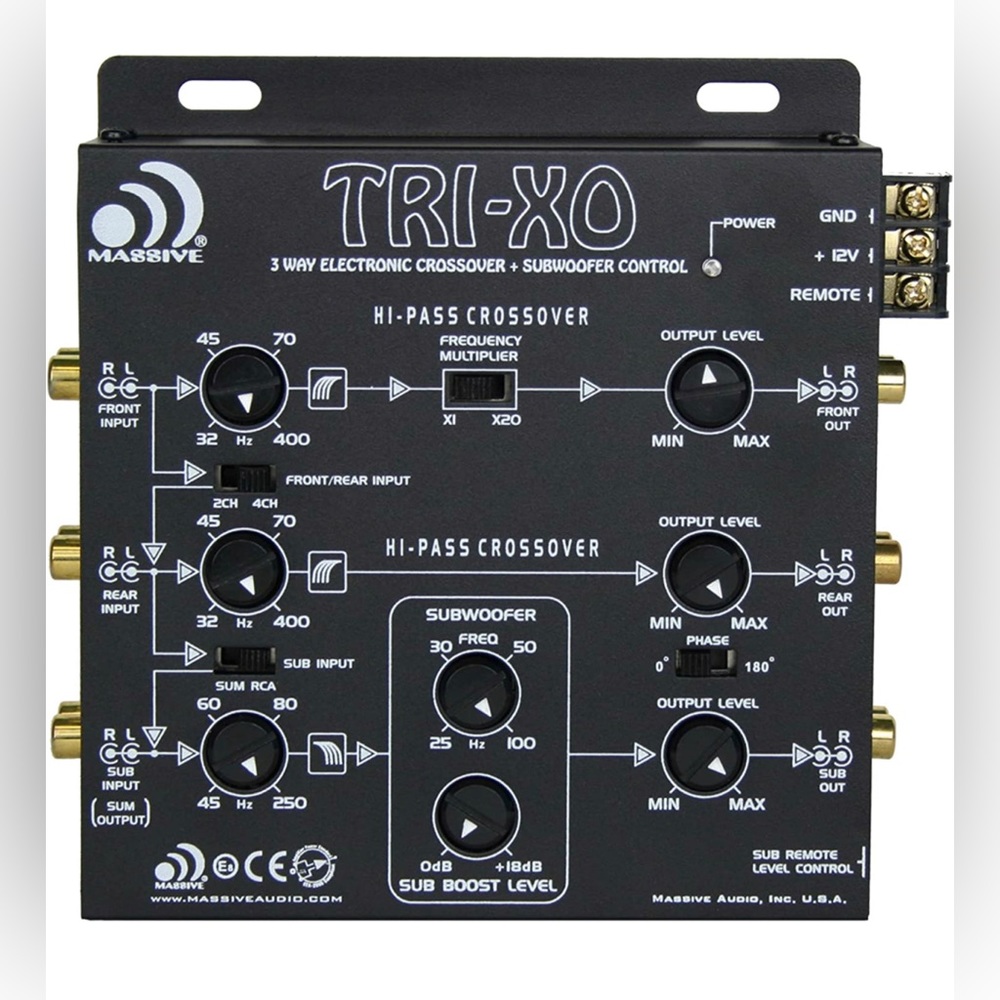MASSIVE AUDIO TRI-XO 3 WAY ELECTRONIC 18db CROSSOVER WITH REMOTE BASS CONTROLLER